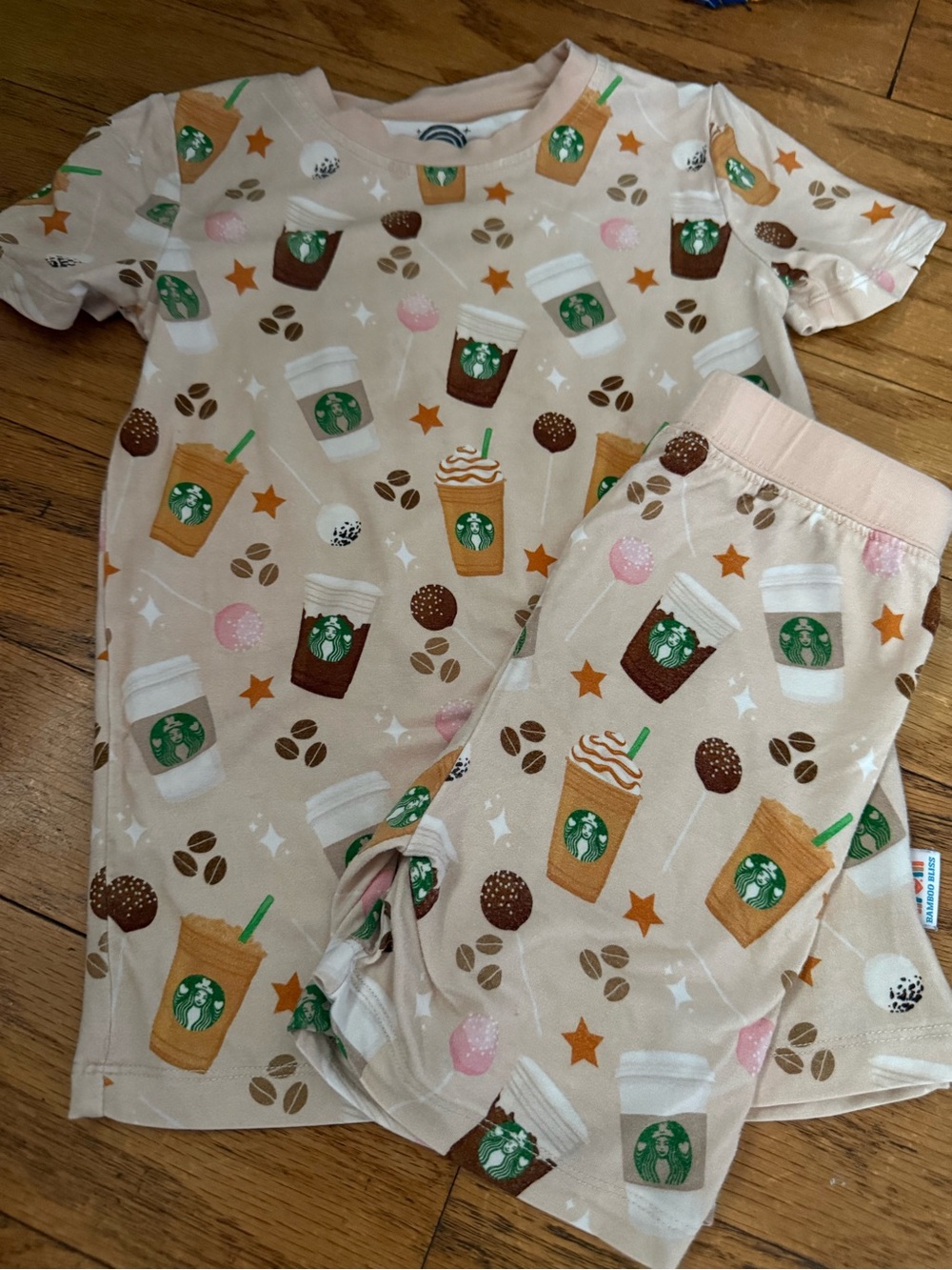 Bamboo Beige Coffee Cup Print Kids Pajama Set with Green Accents